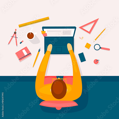 Designer works at the computer, top view, workplace. Flat design vector illustration.