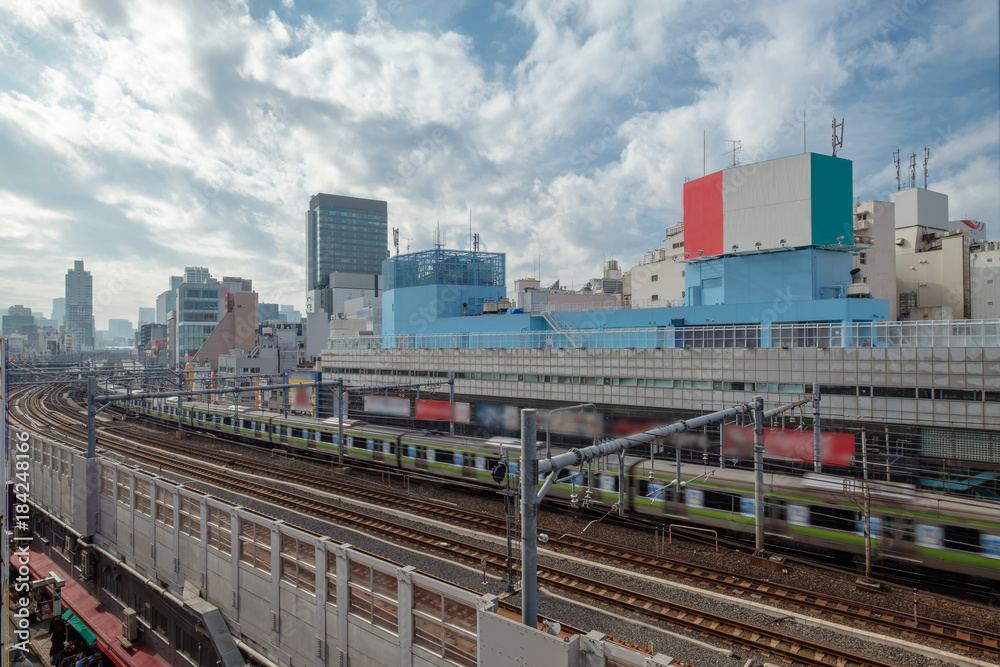 Japan train Railroad tracks in urban,Tokyo Japan
