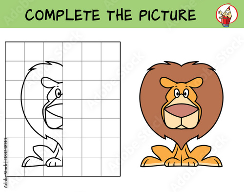 Funny lion sitting. Copy the picture. Coloring book. Educational game for children. Cartoon vector illustration
