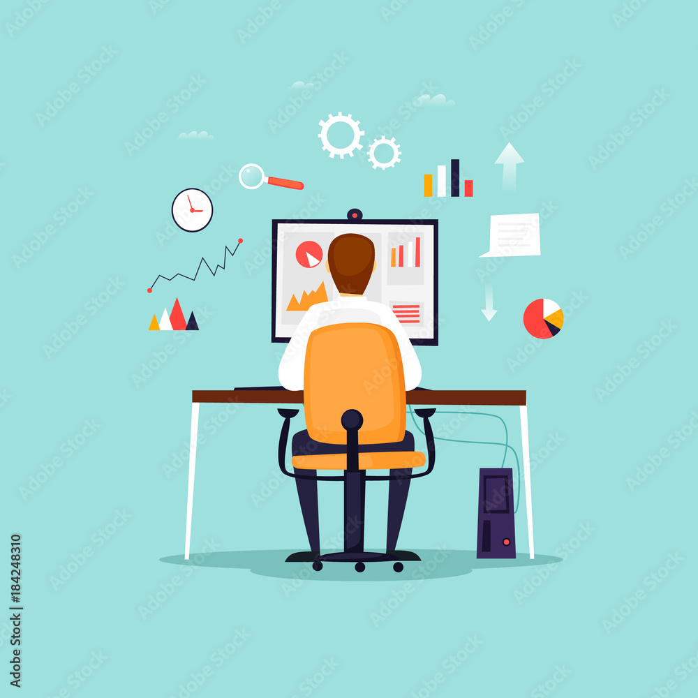 Data analysis, businessman working at computer, office, workplace. Flat design vector illustration. Data analysis, businessman working at computer, office, workplace. Flat design vector illustration.