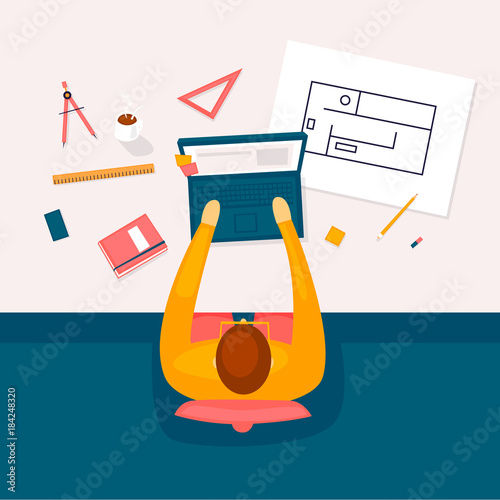 Architect works at the computer, workplace, top view. Flat design vector illustration.