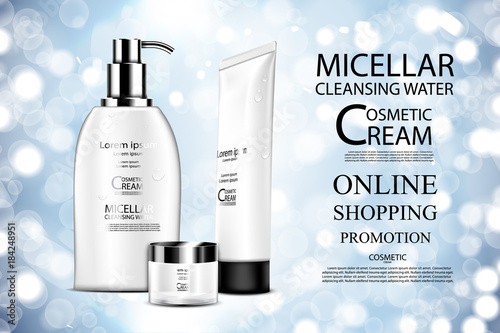 Luxury cosmetic Bottle package skin care cream, Beauty cosmetic product poster, with Bokeh and Water background
