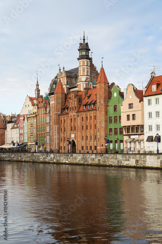 View of St. Mary s Gate  Brama Mariacka  and other old buildings along the Long Bridge waterfront at the Main Town in Gdansk  Poland  in the morning.