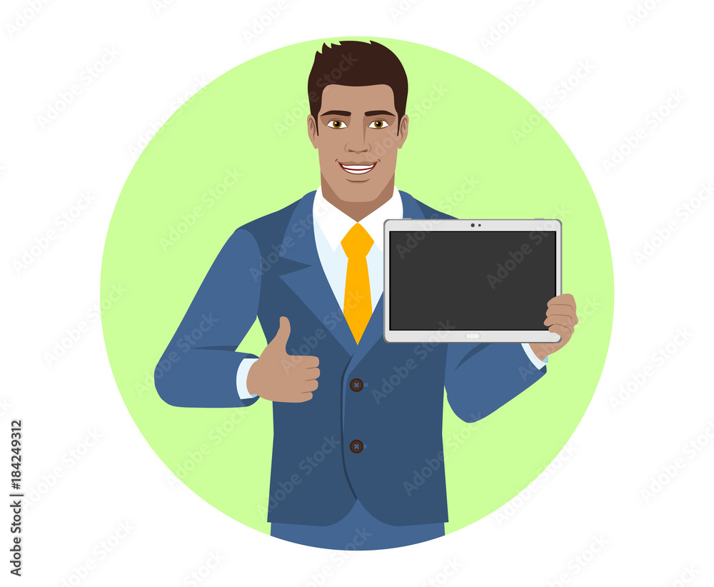 Businessman showing blank digital tablet PC and showing thumb Businessman showing blank digital tablet PC and showing thumb
