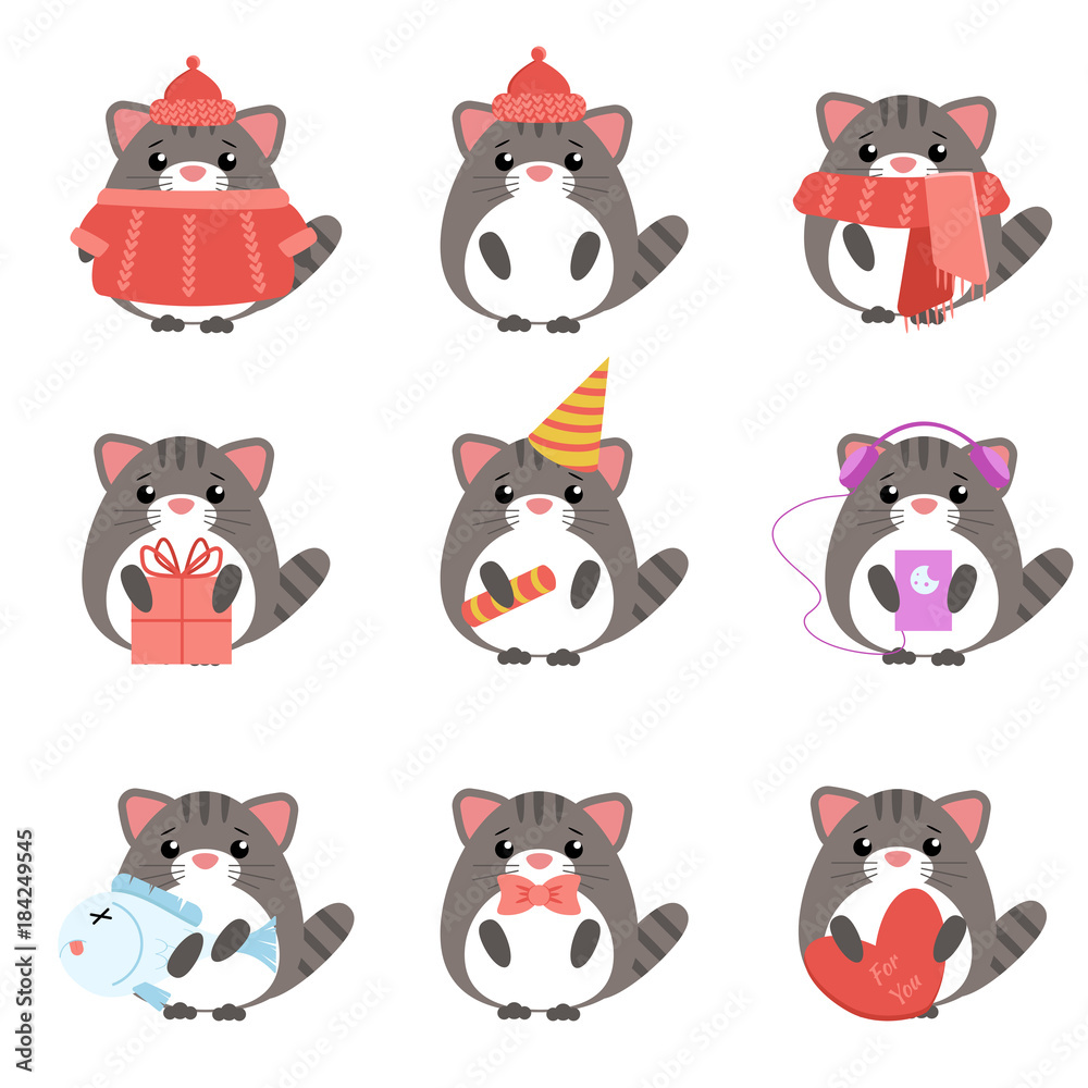 Vector set cats in warm clothes with different subjects: fish, hat, scarf, gift, heart, bow. Cartoon cute illustration Vector set cats in warm clothes with different subjects: fish, hat, scarf, gift, heart, bow. Cartoon cute illustration