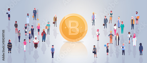 Golden Bitcoin Over People Crowd Modern Web Money Digital Crypto Currency Concept Flat Vector Illustration