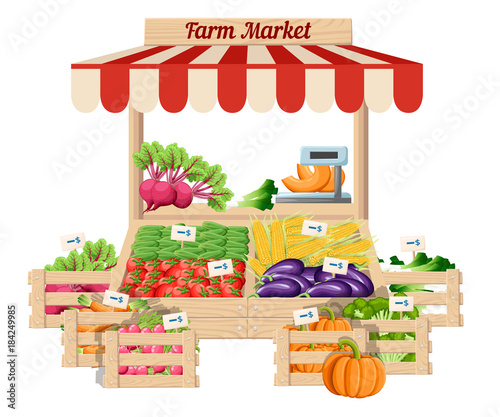 Front view market wood stand with farm food and vegetables in open box vector with weights and price tags illustration isolated on white background