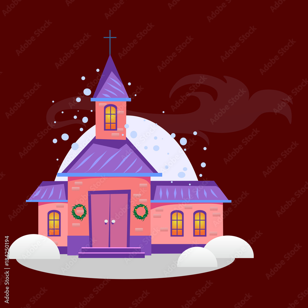 Fototapeta premium merry christmas and happy new year card, church and green tree under snow, christianity and Catholic winter city cathedral vector illustration, religious holy background