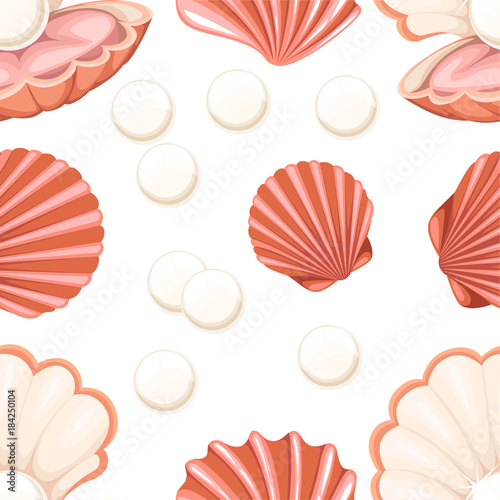 Seamless pattern with pink open and close seashell with pearl flat style vector illustration on white background