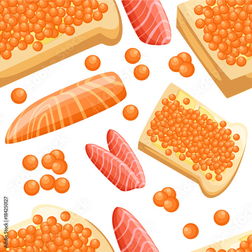 Seamless pattern piece of fresh red salmon fish caviar fillets and tasty bread with butter vector illustration on white background.