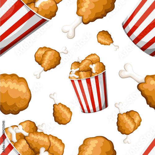 Seamless pattern fried chicken in strip bucket and fried chicken leg in flat style chicken thighs icon vector illustration on white background web site page and mobile app design