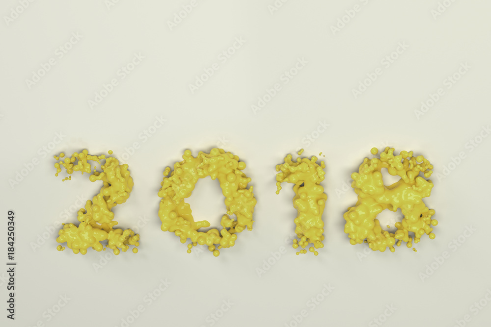 Liquid yellow 2018 number with drops on white background Liquid yellow 2018 number with drops on white background