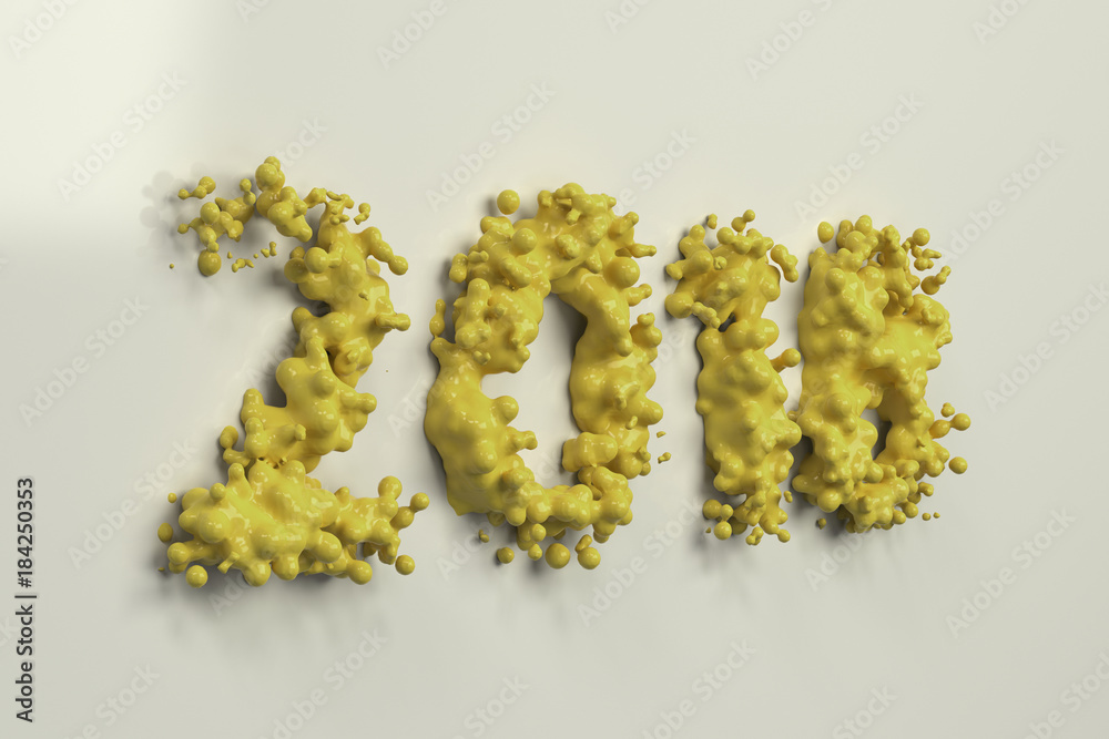 Liquid yellow 2018 number with drops on white background Liquid yellow 2018 number with drops on white background