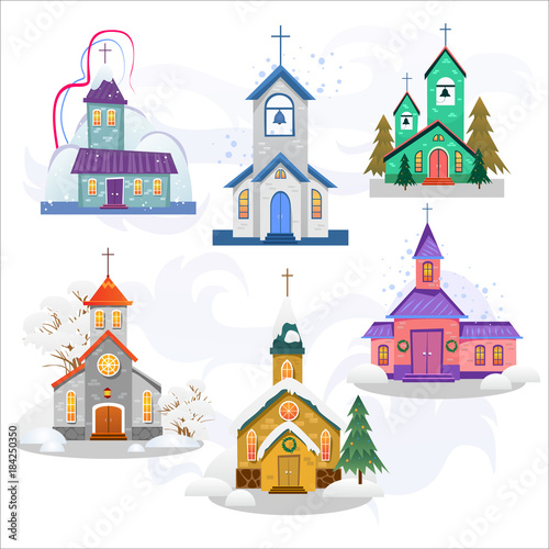 merry christmas and happy new year card, church and green tree under snow, christianity and Catholic winter city cathedral vector illustration, religious holy background © anutaberg