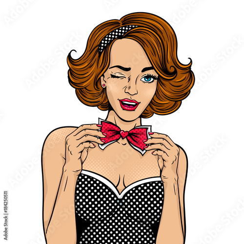 Wow pop art face. Young sexy woman with open smile winks and corrects her red bow tie. Vector illustration in retro comic style isolated on white background. Party invitation girl.