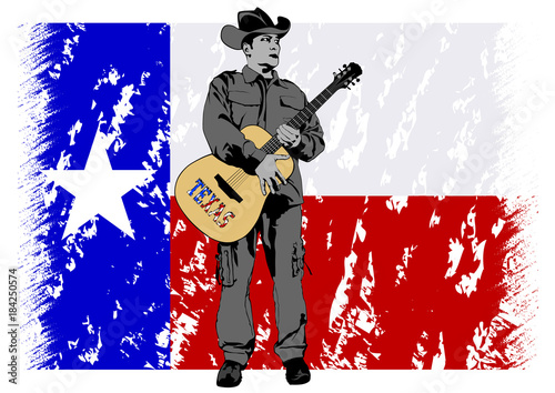 Cowboy in hat with guitar on a white background