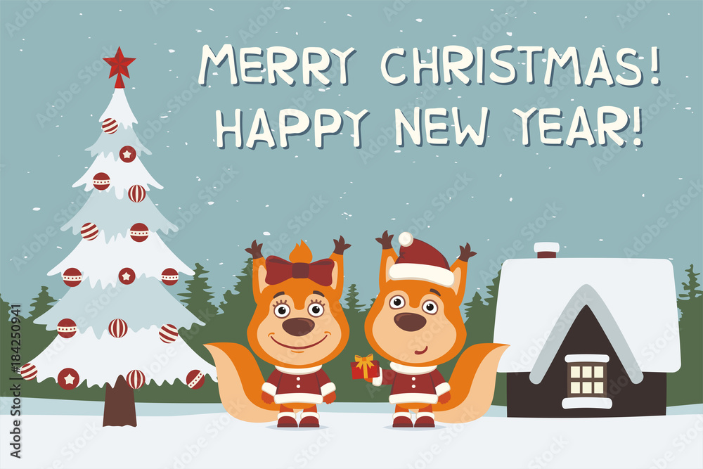 Fototapeta premium Merry Christmas and Happy New Year! Greeting card: two squirrels, boy and girl, with gift near Christmas tree.