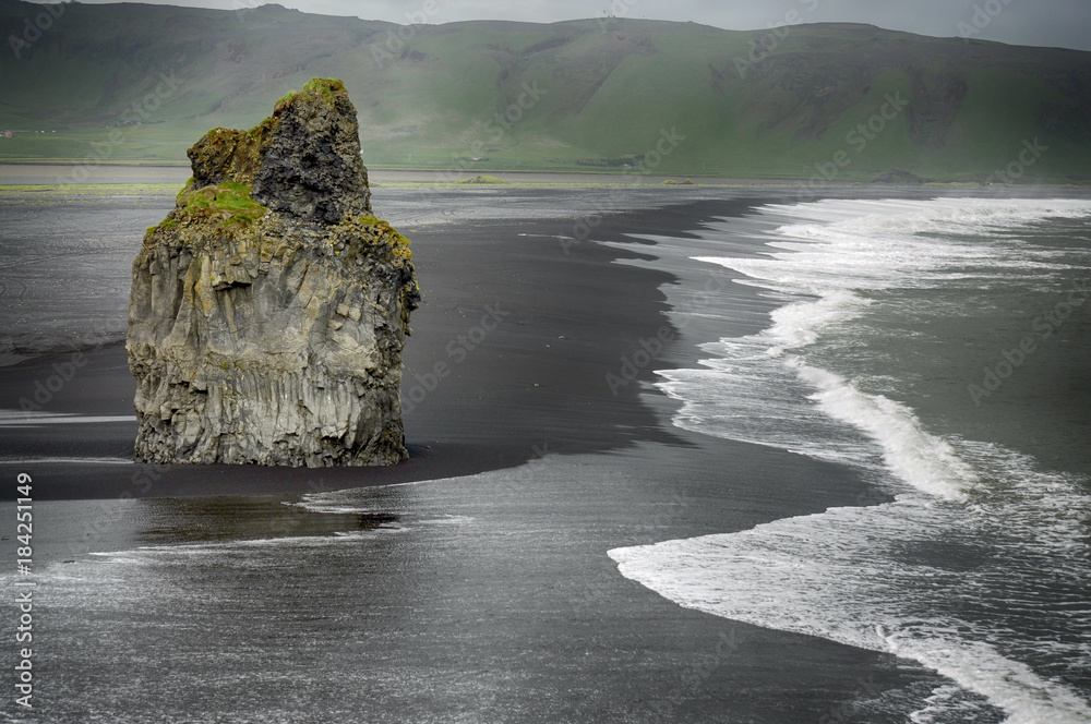 Black sand and white waves on Iceland coast