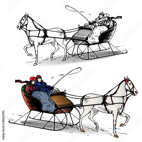 Couple riding a horse in a sleigh in winter, cartoon on white background,