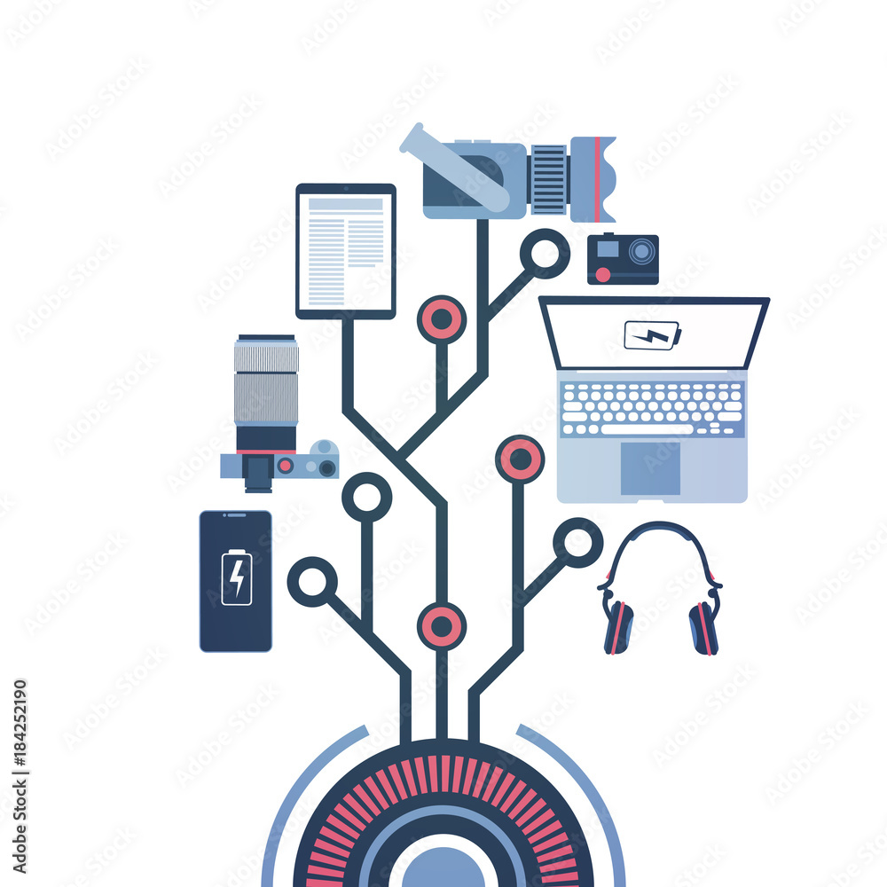 Portable Battery With Laptop, Digital Tablet, Smart Phones And Photo Camera, Gadgets Charging From Power Bank Concept Vector Illustration Portable Battery With Laptop, Digital Tablet, Smart Phones And Photo Camera, Gadgets Charging From Power Bank Concept Vector Illustration