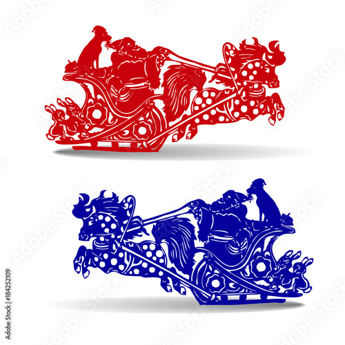 Christmas Silhouette, (red and blue) Santa Claus in sleigh and dog, rides fast on horseback, cartoon on white background,