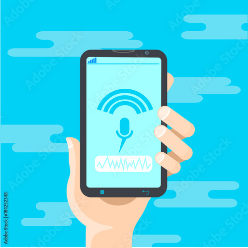 Hand Hold Cell Smart Phone Recording Voice Modern Identification Control System Concept Flat Vector Illustration