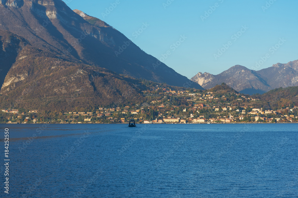 Como lake coast in early morning, Lombardy, Italy.