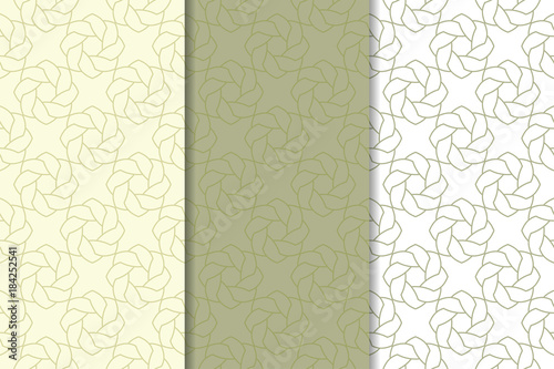 Olive green and white geometric ornaments. Set of seamless patterns © Liudmyla