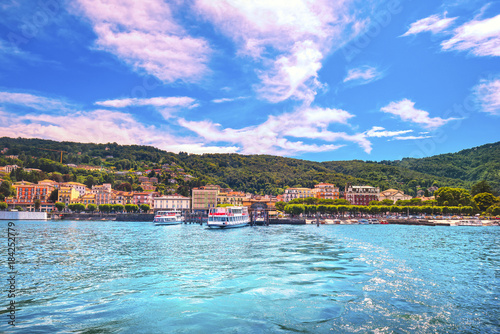 Stresa ferry port and skyline in Maggiore lake. Piedmont Italy