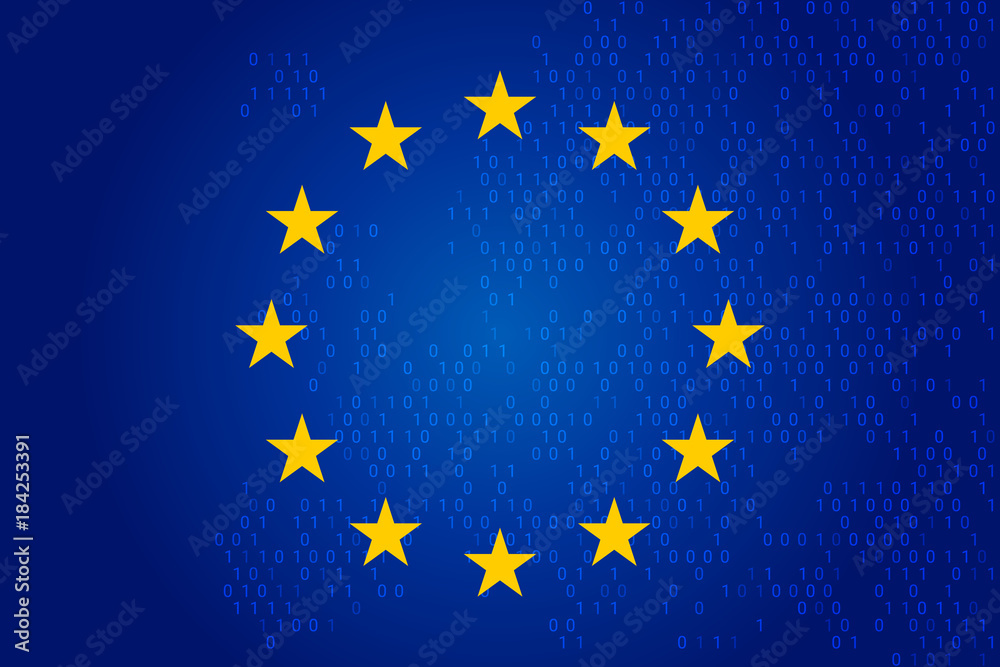 eu flag and binary future technology map, blue cyber security concept background. vector