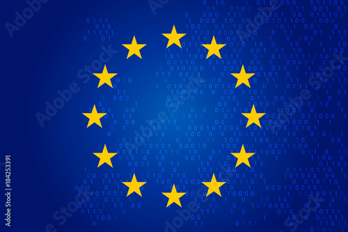 Obraz na płótnie eu flag and binary future technology map, blue cyber security concept background. vector w salonie