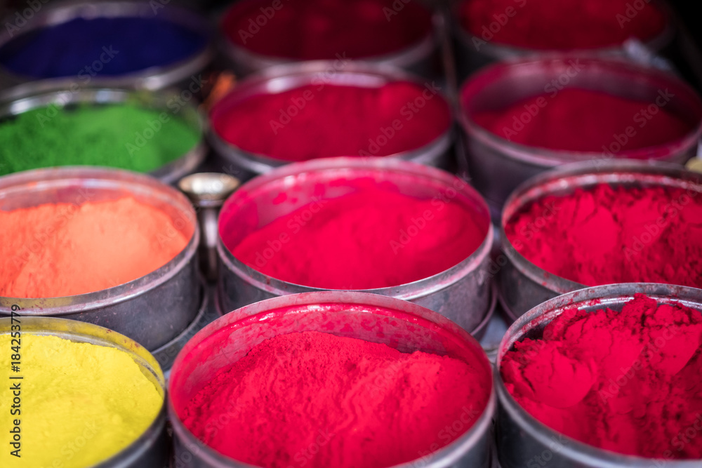 Colorful rangoli powder in bowls sold on Kathmandu street market, Nepal Colorful rangoli powder in bowls sold on Kathmandu street market, Nepal