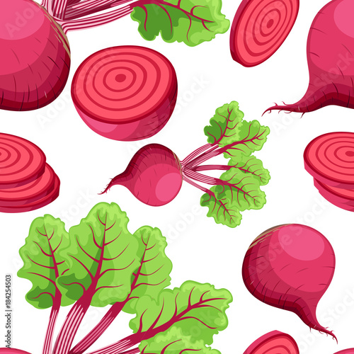 Seamless pattern beets with a bundle of leaves useful vegetables flat style fresh food vector illustration on white background web site page and mobile app design