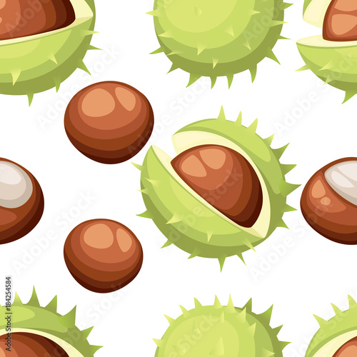 Seamless pattern chesnut peeled and whole horse chestnuts drawing of chestnuts with and without green peel delicious healthy vegan snack flat style vector illustration web site page and mobile app