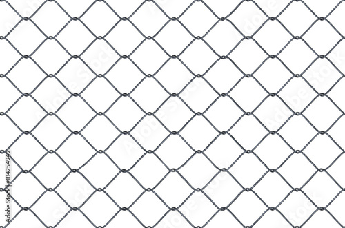 Seamless looping texture of metallic chain link fence on white background.