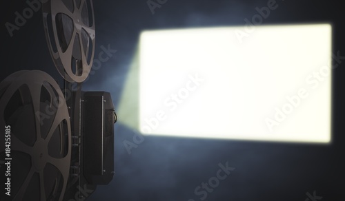 Vintage movie projector is projecting blank screen on wall. 3D rendered illustration. photo