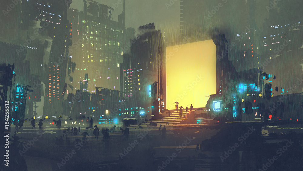 night scenery of futuristic city with many people in teleport station, digital art style, illustration painting