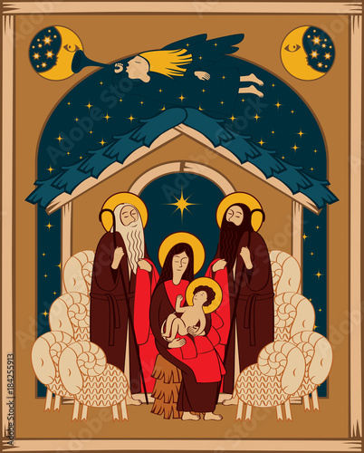 Vector illustration on the theme of christmas and new year. Adoration of the Magi. Holy Family and Christmas angel