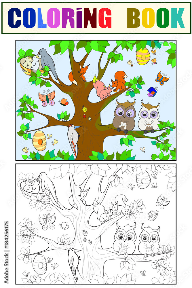 Fototapeta premium Animals and birds living on the tree coloring for children cartoon vector illustration