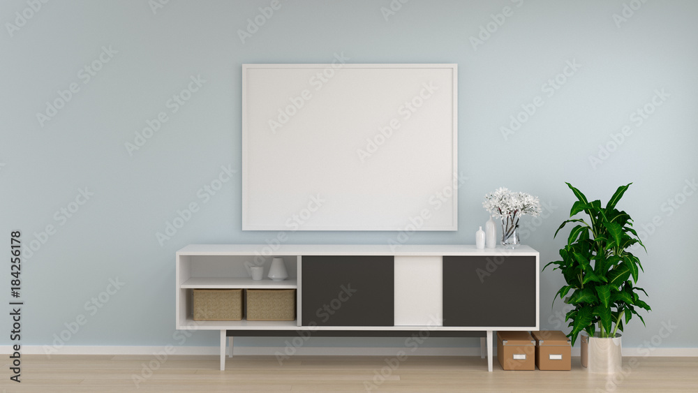 mock up frame white room cabinet in living room interior background,3D rendering empty wall and ornamental tree  copy space interior background