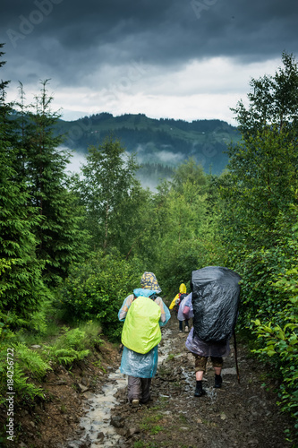Two hikers tourist in raincoat walking on trail to green mountain forest in the fog with the yellow backpack in rainy weather.