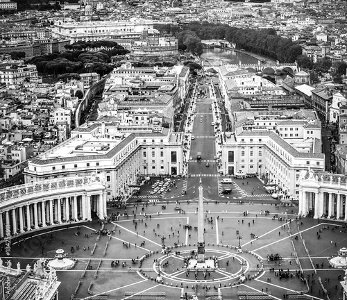 Famous Saint Peter s Square in Vatican and aerial view of the city  Rome  Italy. Photo in black and white