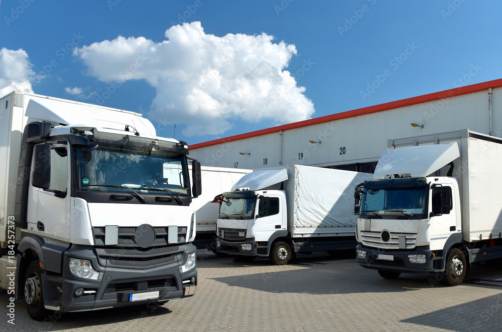 LKW´s am Depot einer Spedition zum transportieren von Waren im Logistikzentrum // Trucks at the depot of a forwarding agency for transporting goods in the logistics centre