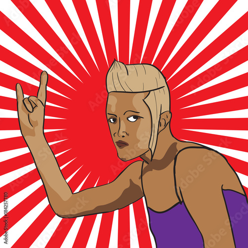 Vector portrait of the rebel girl showing the sign of the horns in a graphic novel style