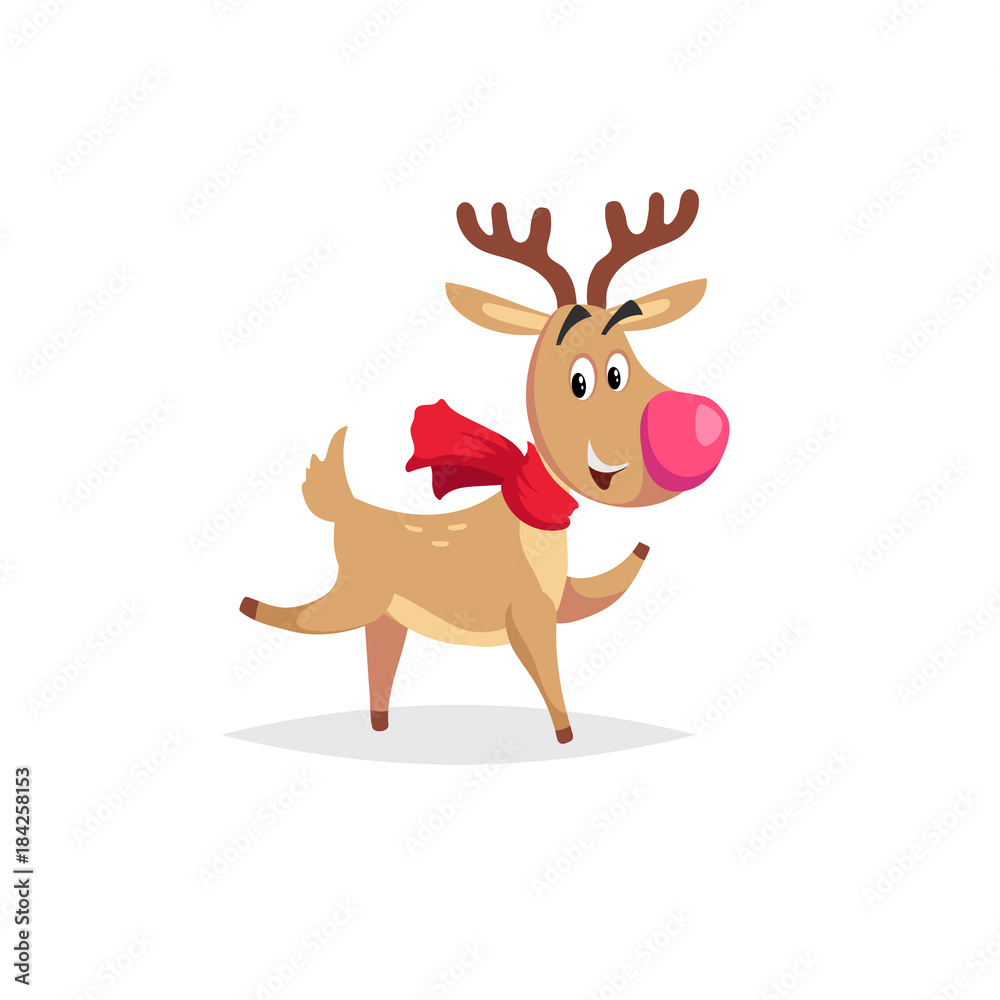 Cartoon dancing or running reindeer with scarf and big red nose. Vector Christmas illustration for greeting card and invitations. Cartoon dancing or running reindeer with scarf and big red nose. Vector Christmas illustration for greeting card and invitations.