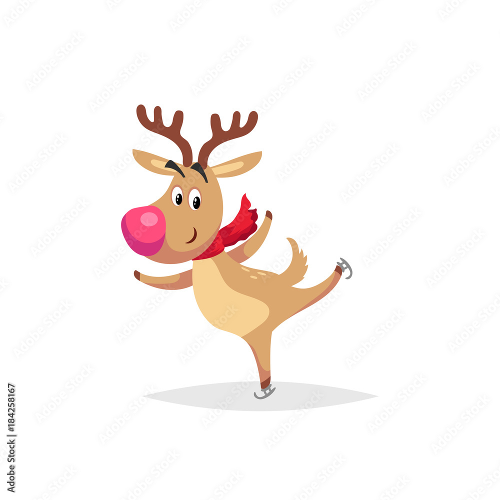 Cartoon cute reindeer with big red nose and scarf skates. Christmas and winter symbold. Great for greeting cards and invitations. Vector illustration. Cartoon cute reindeer with big red nose and scarf skates. Christmas and winter symbold. Great for greeting cards and invitations. Vector illustration.