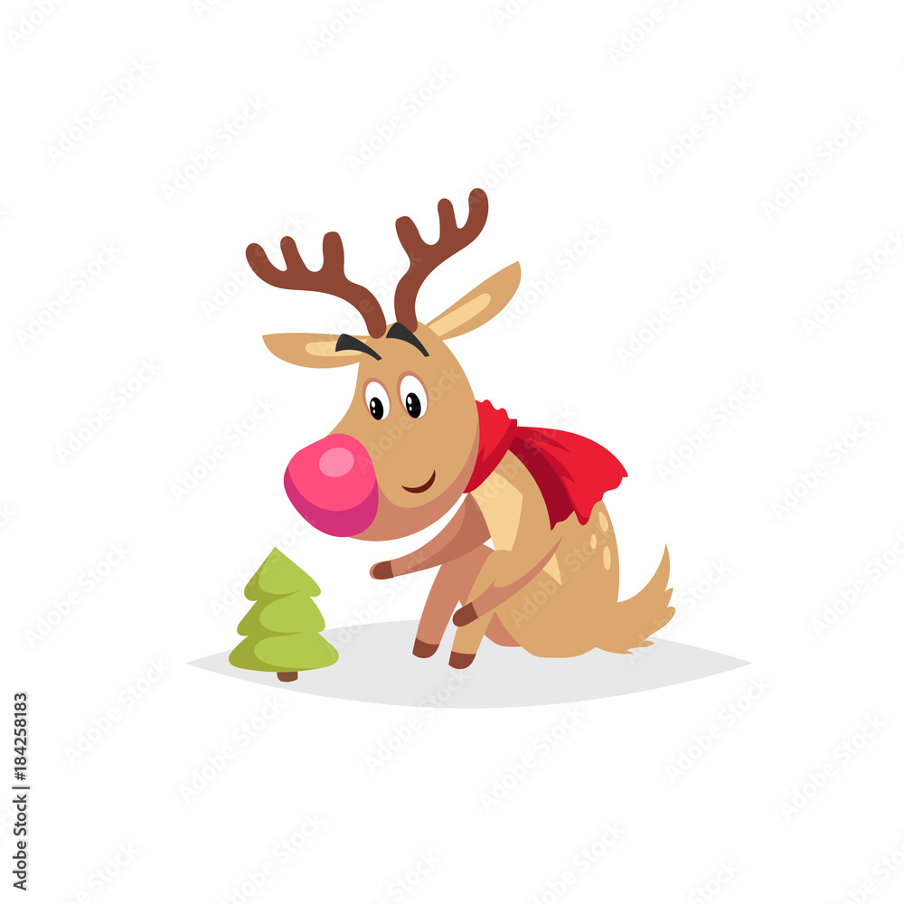 Cartoon cute reindeer with big red nose and scarf sitting and looking on little christmas tree. Christmas vector illustration. Great for greeting cards and invitations. Cartoon cute reindeer with big red nose and scarf sitting and looking on little christmas tree. Christmas vector illustration. Great for greeting cards and invitations.