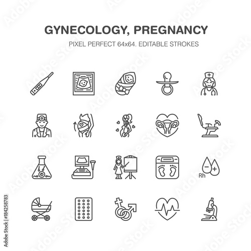 Gynecology, obstetrics vector flat line icons. Pregnancy medical elements - baby ultrasound, in vitro fertilization, test, uterus, pregnant woman. Pixel perfect 64x64.