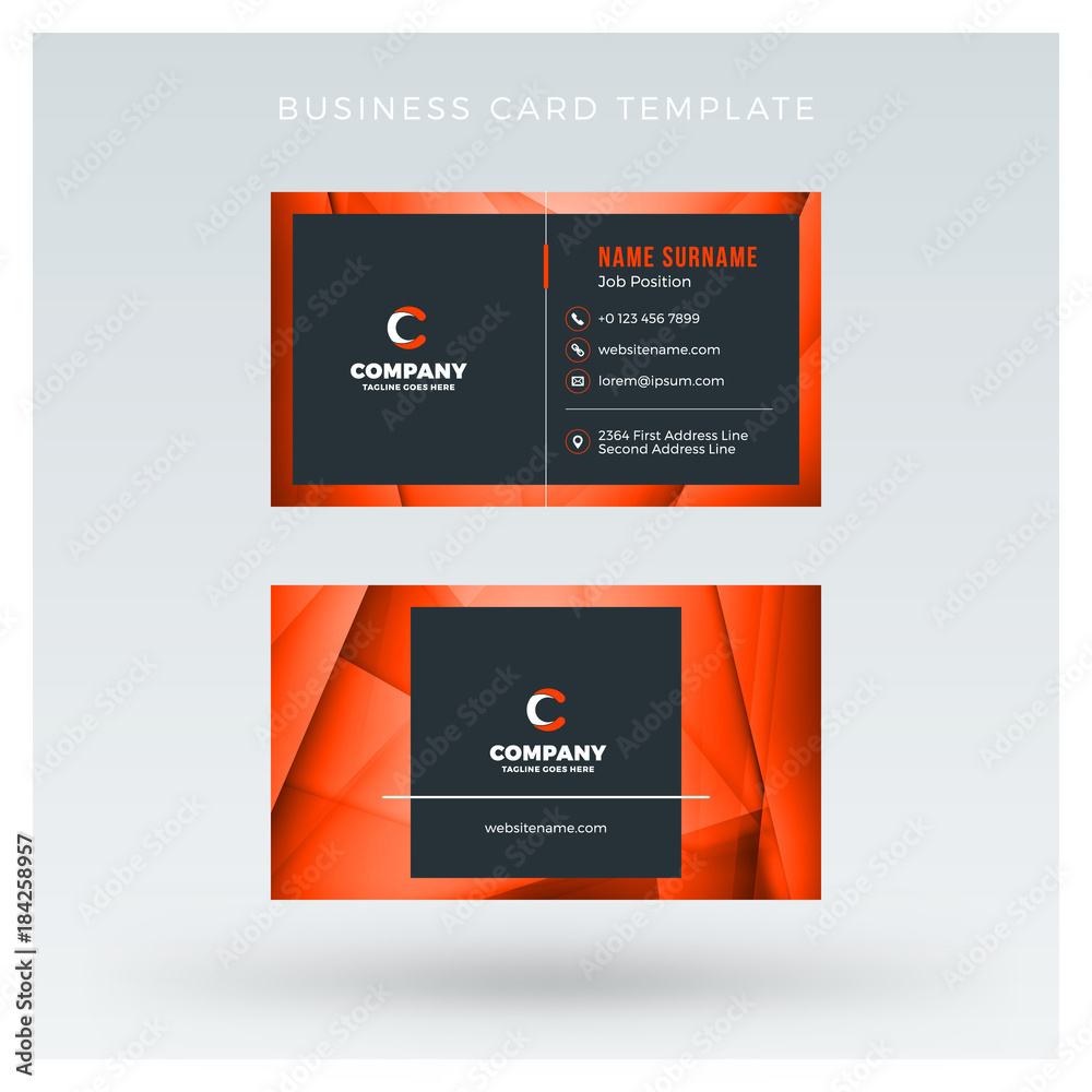 Creative and clean double-sided business card vector template with abstract background. Red and black color theme. Flat design vector mockup. Stationery design Creative and clean double-sided business card vector template with abstract background. Red and black color theme. Flat design vector mockup. Stationery design