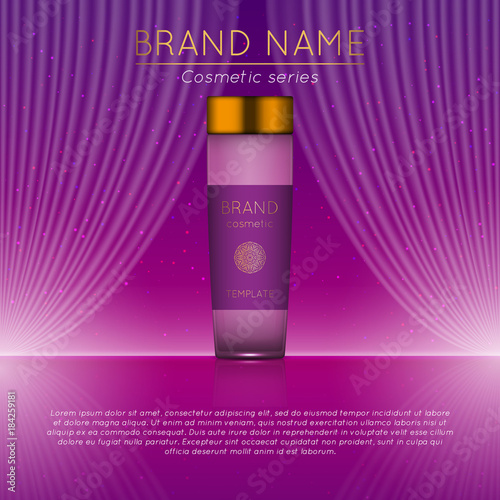 3D realistic cosmetic bottle ads template. Cosmetic brand advertising concept design with wavy light abstract background